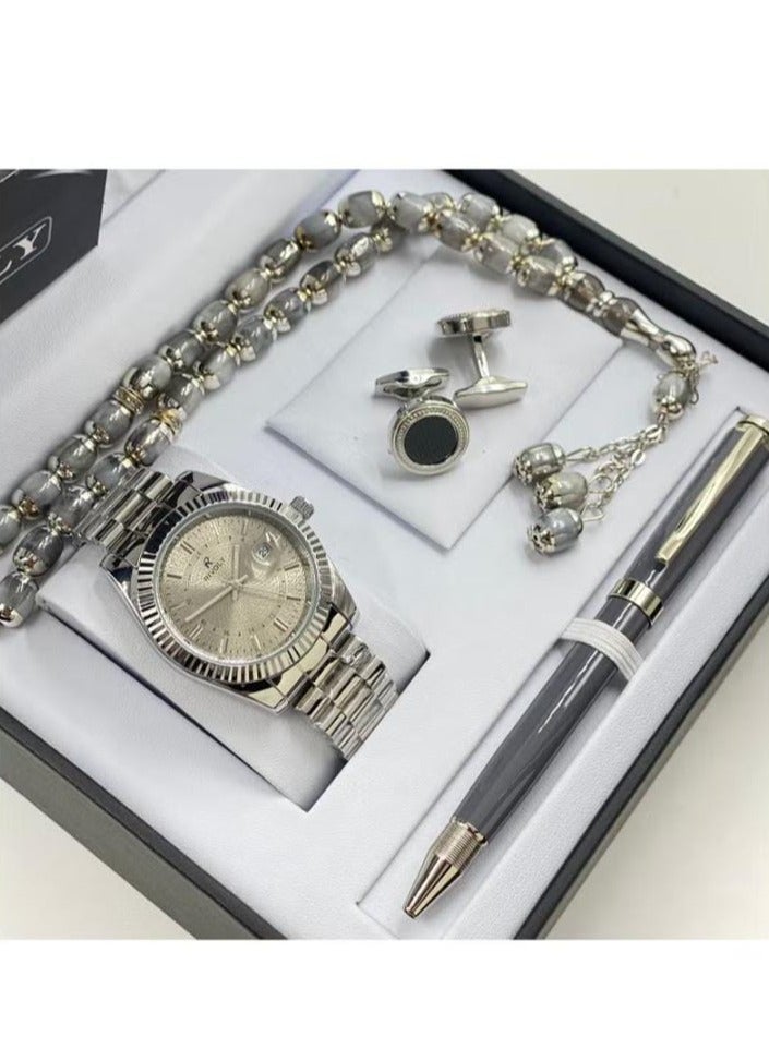 Gift Set Men's Watch Set of 4 Pieces Watch with Pen Set of Buttons and Rosary