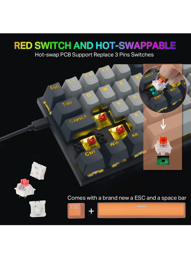 إي-يوسو لوحة مفاتيح ميكانيكية للألعاب Z-11 بنسبة 60%، مفتاح أحمر 61 مفتاحًا لوحة مفاتيح سلكية مدمجة، لوحة مفاتيح معدنية بإضاءة خلفية صفراء لنظام التشغيل Windows، Mac OS-رمادي أسود - Image 2