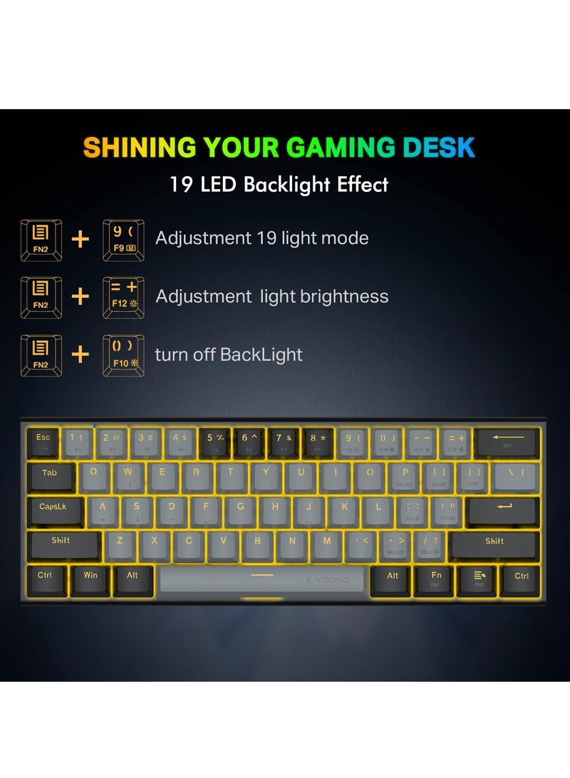 إي-يوسو لوحة مفاتيح ميكانيكية للألعاب Z-11 بنسبة 60%، مفتاح أحمر 61 مفتاحًا لوحة مفاتيح سلكية مدمجة، لوحة مفاتيح معدنية بإضاءة خلفية صفراء لنظام التشغيل Windows، Mac OS-رمادي أسود - Image 4
