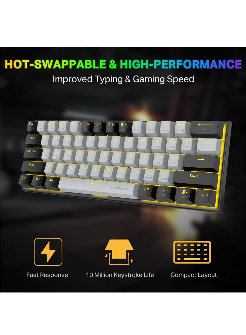 إي-يوسو لوحة مفاتيح ميكانيكية للألعاب Z-11 بنسبة 60%، مفتاح أحمر 61 مفتاحًا لوحة مفاتيح سلكية مدمجة، لوحة مفاتيح معدنية بإضاءة خلفية صفراء لنظام التشغيل Windows، Mac OS-رمادي أسود - Image 3