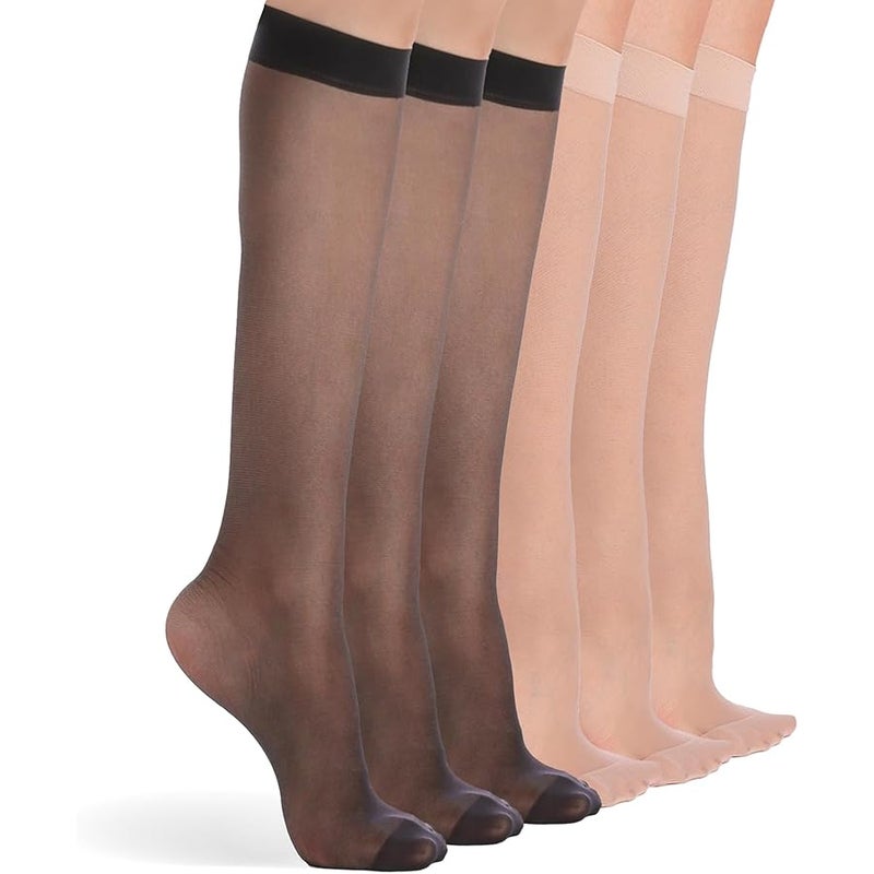 FeinYee 6 Pairs Knee High Stockings for Women, Elastic Fine Sheer Socks with Reinforced Toes 20 Denier Nylon One Size - Image 1