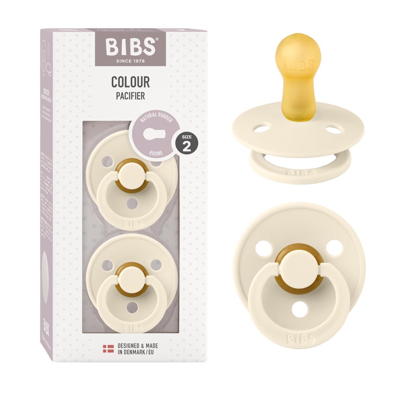 BIBS Pacifiers Colour Collection Natural Rubber Baby Pacifier Round Nipple Set of 2 BPAFree Soothers Made in Denmark 6 Months Pack of 2 Ivory