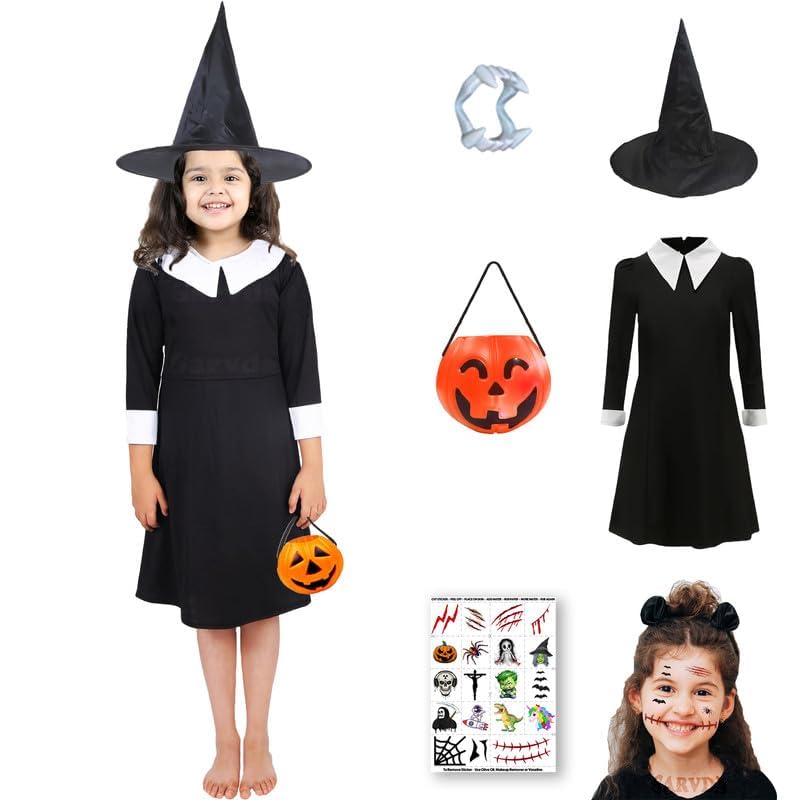 Sarvda Halloween Dress for Girls | Inspired Character Dress | Stylish Dress with Scary Teeth | Witch Hat | Pumpkin Basket | Makeup Tattoo Scars Wounds | For 2 to 3 Year Kids - Image 3