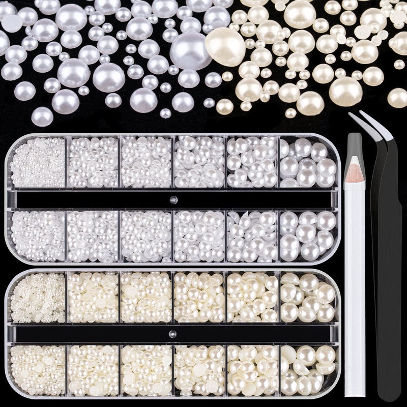 2700 Pcs Flat Back Pearls Kits 1 Box of Flatback White1 Box of Beige Small Half Round Pearls with Pickup Pencil and Tweezer for Nail Art Face Makeup Graduation Cap Decorations DIY and Craft