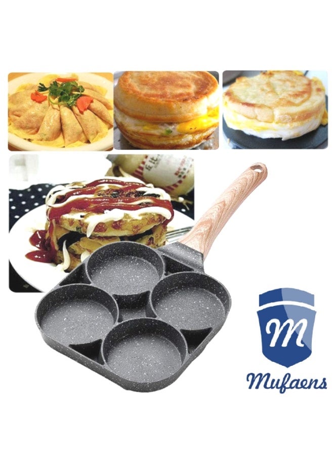 4-Hole Non-Stick Egg Frying Pan | Multiple Egg & Pancake Cooker | Wooden Handle | Perfect for Breakfast, Burgers & Muffins" - Image 3