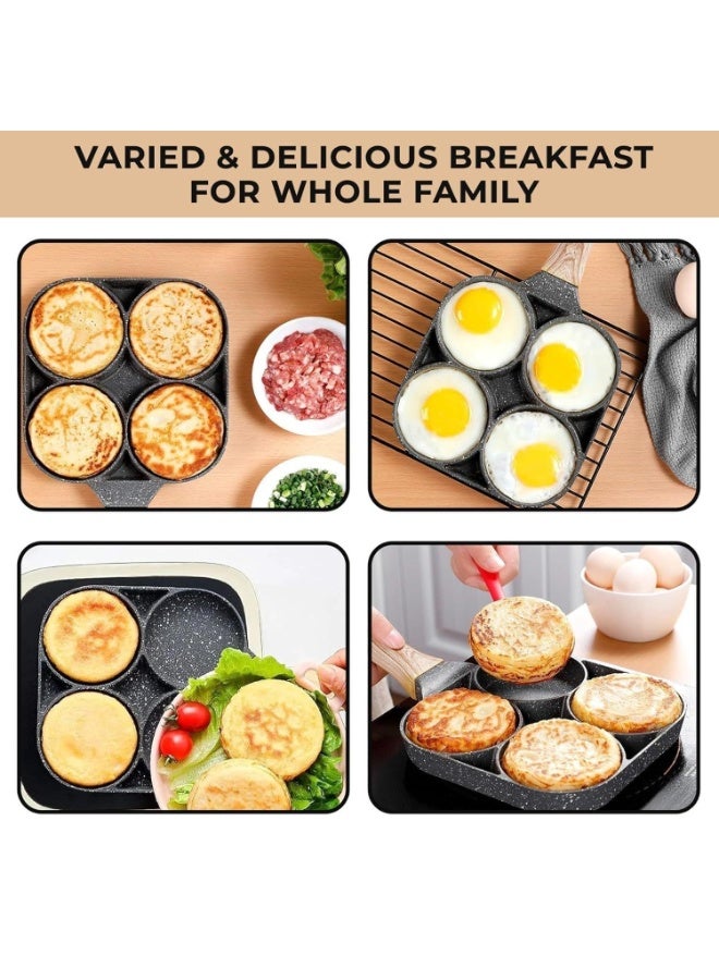 4-Hole Non-Stick Egg Frying Pan | Multiple Egg & Pancake Cooker | Wooden Handle | Perfect for Breakfast, Burgers & Muffins" - Image 5