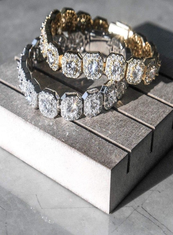JINAO Silver 10MM Tennis Bracelet for Men Women 14k Gold Plated Iced Out Round Cubic Zirconia Cluster Square Halo Wrist Chain Jumbo Bracelet (Silver, 9.0) - Image 3