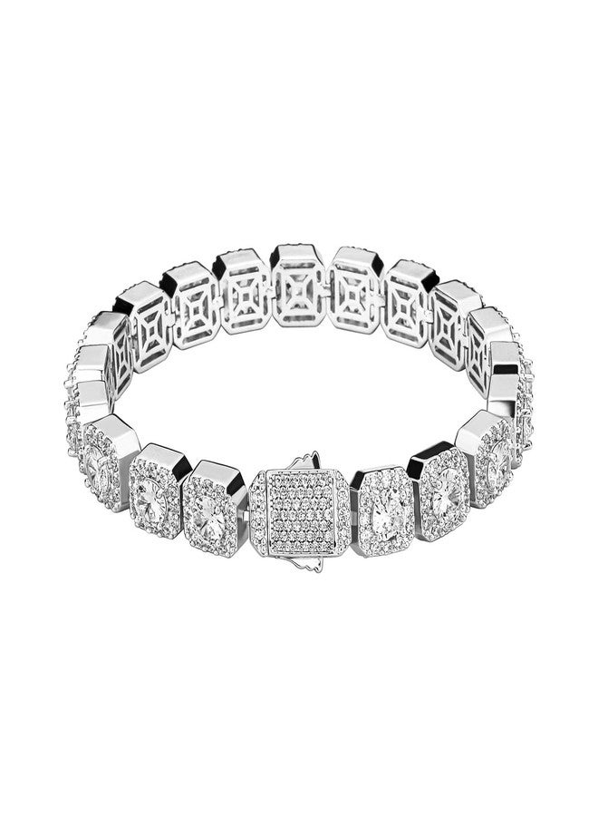 JINAO Silver 10MM Tennis Bracelet for Men Women 14k Gold Plated Iced Out Round Cubic Zirconia Cluster Square Halo Wrist Chain Jumbo Bracelet (Silver, 9.0) - Image 1