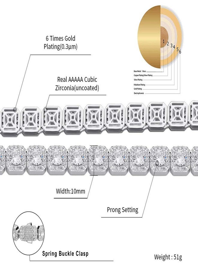 JINAO Silver 10MM Tennis Bracelet for Men Women 14k Gold Plated Iced Out Round Cubic Zirconia Cluster Square Halo Wrist Chain Jumbo Bracelet (Silver, 9.0) - Image 2