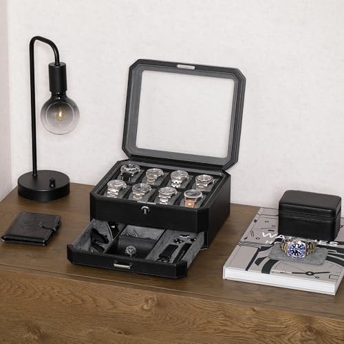 ROTHWELL 8 Slot Leather Watch Box with Valet Drawer - Luxury Case Display Jewelry Organizer, Locking Display Case Holder, Real Glass Top - Watch Box Organizer for Men & Women (Black/Grey) - Image 2