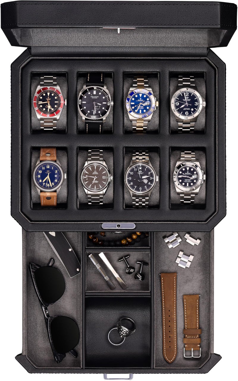 ROTHWELL 8 Slot Leather Watch Box with Valet Drawer - Luxury Case Display Jewelry Organizer, Locking Display Case Holder, Real Glass Top - Watch Box Organizer for Men & Women (Black/Grey) - Image 4