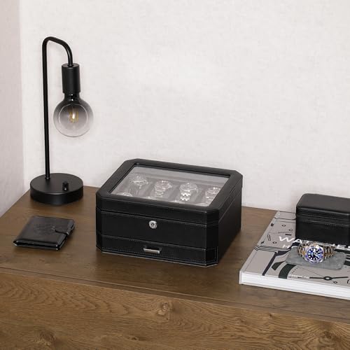 ROTHWELL 8 Slot Leather Watch Box with Valet Drawer - Luxury Case Display Jewelry Organizer, Locking Display Case Holder, Real Glass Top - Watch Box Organizer for Men & Women (Black/Grey) - Image 3
