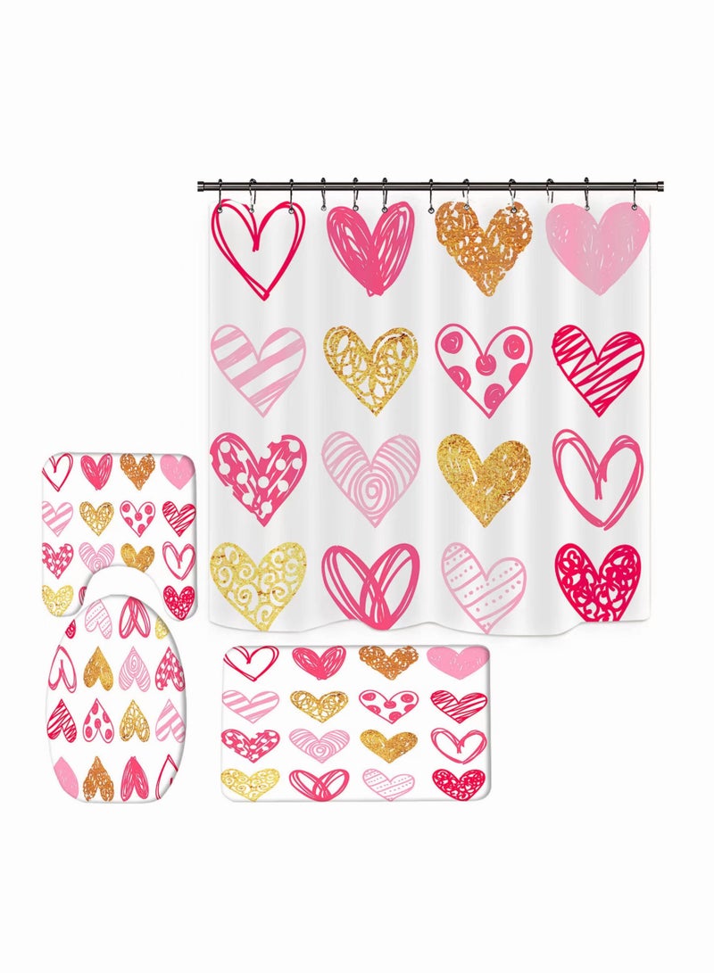 4-Pieces/Set Bathroom Household Supplies,Love Heart Pattern Bathroom Suit,Shower Curtain/Pedestal Rug/Toilet Lid Cover/Bath Mat Decor Set - Image 1
