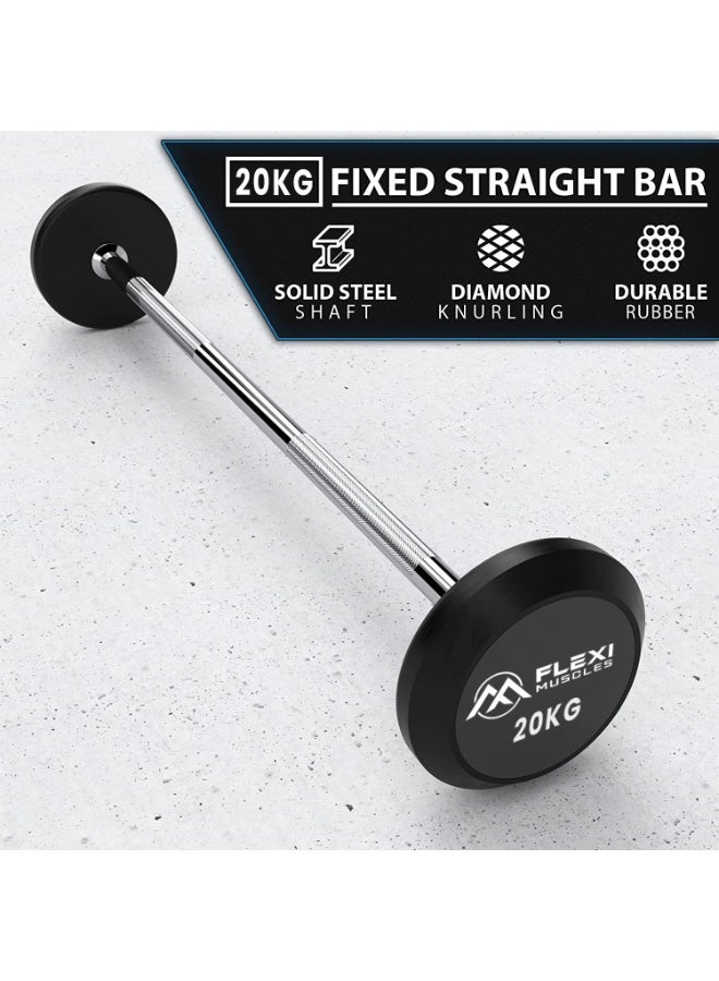 FLEXI MUSCLES باربل ثابت 20 كجم من فليكسى موسلز مع أوزان مطلية بالمطاط – بار وزن مستقيم محمّل مسبقًا للتدريب في المنزل والصالة الرياضية - Image 2