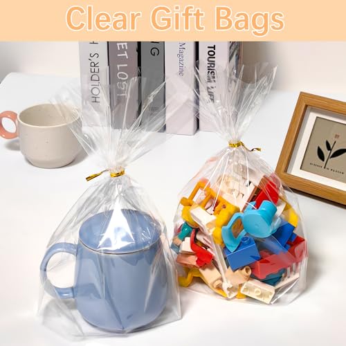 ZYLOP 8 x 11 Bottom Gusset Gift Bags, 50Pcs Clear Cellophane Gift Bags with 60pcs Twist Ties for Party Favor Packaging, Gift Mug Wrapping, Clear Treat Goodie Bags for Cookie, Candy, Popcorn Food Storage - Image 3