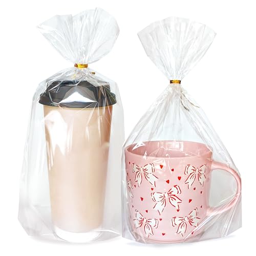ZYLOP 8 x 11 Bottom Gusset Gift Bags, 50Pcs Clear Cellophane Gift Bags with 60pcs Twist Ties for Party Favor Packaging, Gift Mug Wrapping, Clear Treat Goodie Bags for Cookie, Candy, Popcorn Food Storage - Image 1