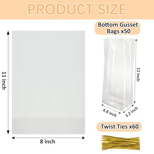 ZYLOP 8 x 11 Bottom Gusset Gift Bags, 50Pcs Clear Cellophane Gift Bags with 60pcs Twist Ties for Party Favor Packaging, Gift Mug Wrapping, Clear Treat Goodie Bags for Cookie, Candy, Popcorn Food Storage - Image 2