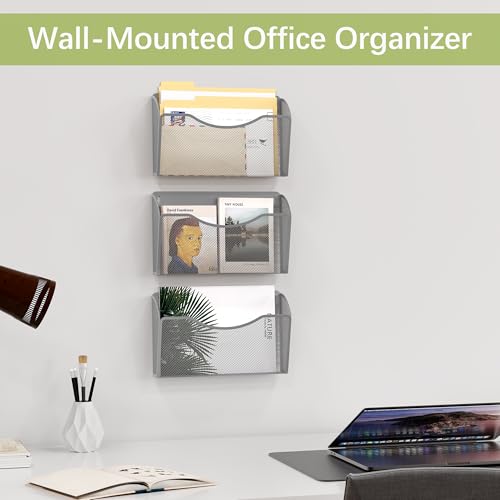 EasyPAG Wall File Organizer 3 Single Pocket Mesh Hanging File Folder Organizer for Letter/A4 Size Folders Wall Mounted Vertical Mail Holder for Paperwork, Office, Home, School, Silver - Image 3