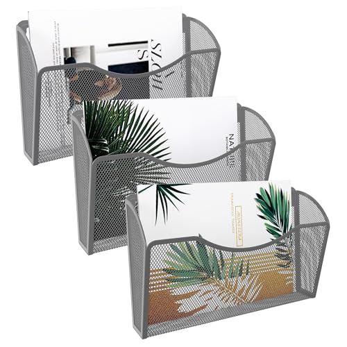 EasyPAG Wall File Organizer 3 Single Pocket Mesh Hanging File Folder Organizer for Letter/A4 Size Folders Wall Mounted Vertical Mail Holder for Paperwork, Office, Home, School, Silver - Image 1