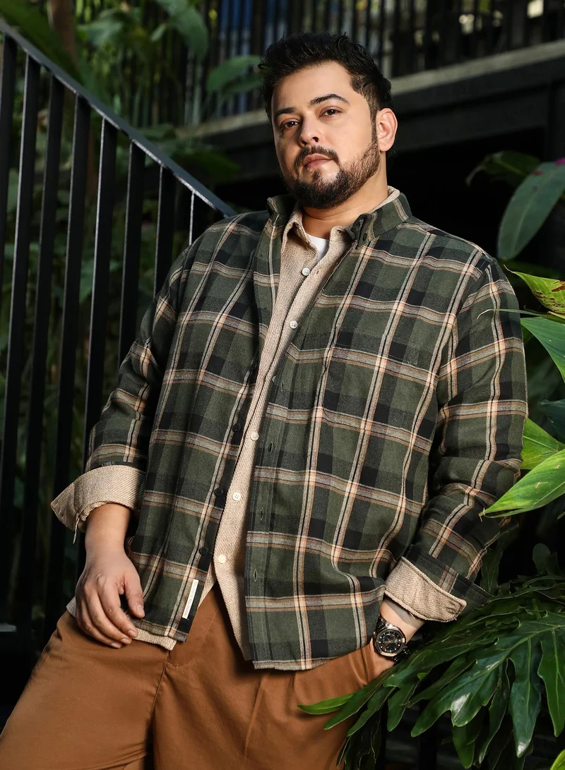 Men Button-Down Shadow-Plaid Shirt | Button-Down Collar, Long Button-Cuff Sleeves | Button Closure, Curved Hem | Plaid Twill | Woven Fabric For Plus Size Casual & Daily Wear | Green