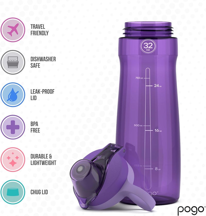 Pogo BPA-Free Plastic Water Bottle with Chug Lid, Purple, 32 oz. - Image 3