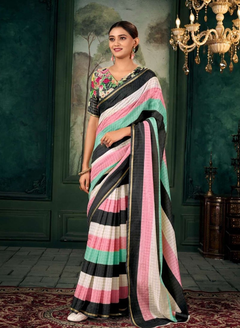 Grab Mantra Traditional Cotton Handloom Saree With Multicolour Stripes And Golden Self Check Plus Unstitched Floral blouse  - Image 2
