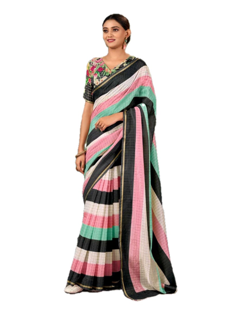 Grab Mantra Traditional Cotton Handloom Saree With Multicolour Stripes And Golden Self Check Plus Unstitched Floral blouse  - Image 1