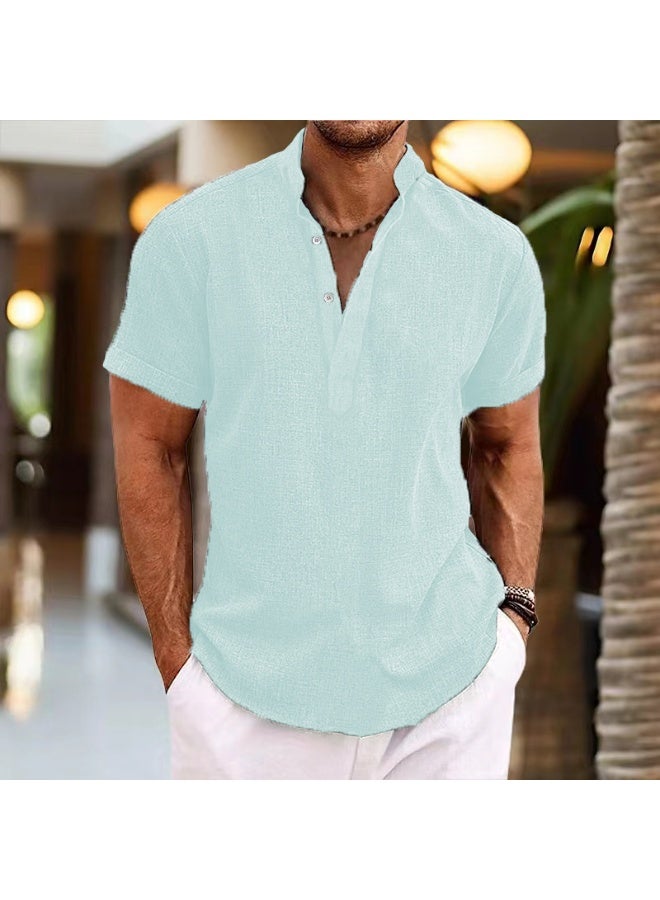 Summer Fashion Cotton Linen Casual T-Shirts Casual Male Short Sleeve V-Collar Breathable Men's Tee Button-up - Image 1