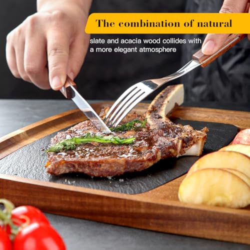 LiWiBet Acacia Wood Serving Plate with Sauce Cup & Removable Slate Insert for Meat Sausages Cheese, Steak Serving Tray Cutting Board Serving Platter Cheese Platter Perfect for Housewarming Christmas - Image 4