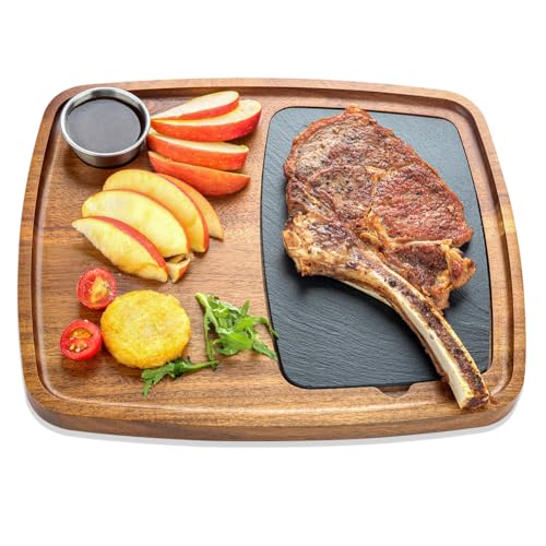 LiWiBet Acacia Wood Serving Plate with Sauce Cup & Removable Slate Insert for Meat Sausages Cheese, Steak Serving Tray Cutting Board Serving Platter Cheese Platter Perfect for Housewarming Christmas - Image 1