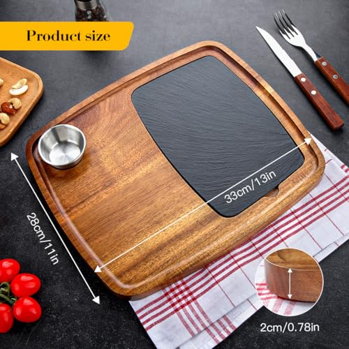 LiWiBet Acacia Wood Serving Plate with Sauce Cup & Removable Slate Insert for Meat Sausages Cheese, Steak Serving Tray Cutting Board Serving Platter Cheese Platter Perfect for Housewarming Christmas - Image 3
