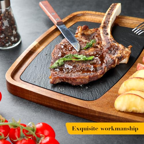 LiWiBet Acacia Wood Serving Plate with Sauce Cup & Removable Slate Insert for Meat Sausages Cheese, Steak Serving Tray Cutting Board Serving Platter Cheese Platter Perfect for Housewarming Christmas - Image 5