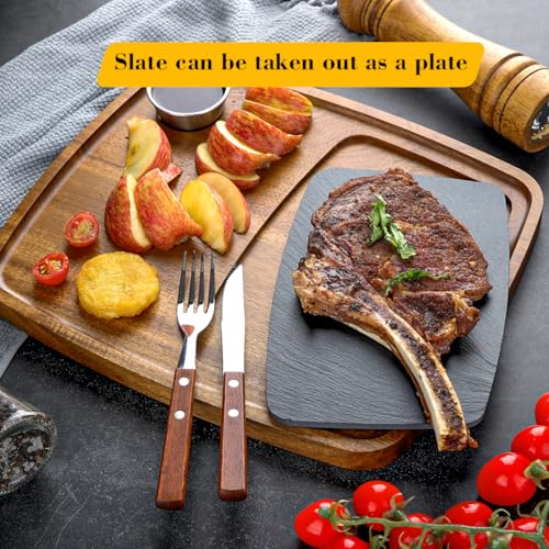 LiWiBet Acacia Wood Serving Plate with Sauce Cup & Removable Slate Insert for Meat Sausages Cheese, Steak Serving Tray Cutting Board Serving Platter Cheese Platter Perfect for Housewarming Christmas - Image 2