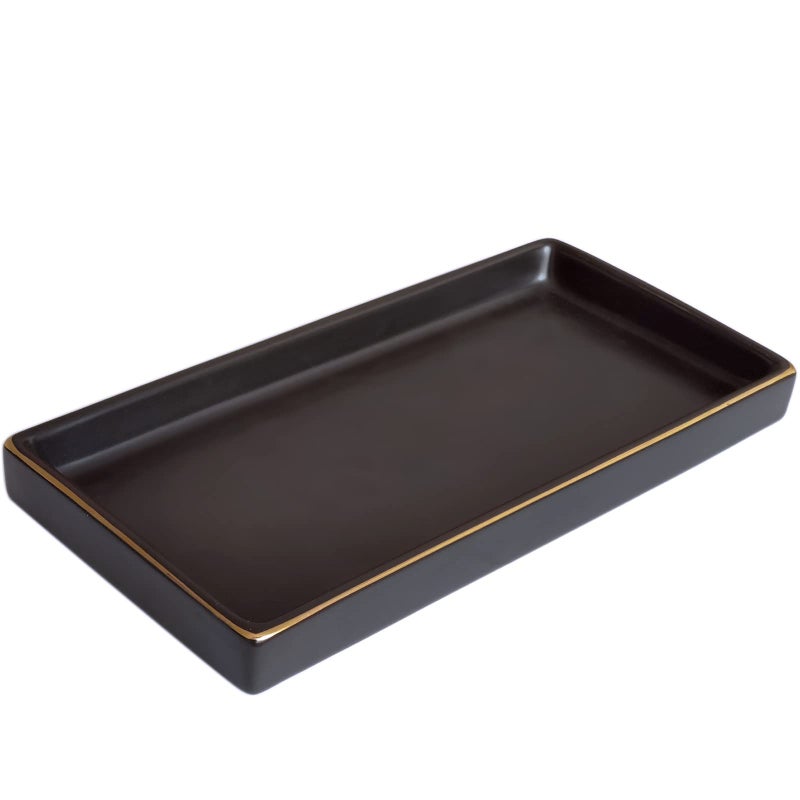 10 x 5 Ceramic Bathroom Tray for Countertop Decorative Vanity Tray for Dresser Tops Small Rectangular Trays for Perfume Candle Jewelry Cosmetics Black