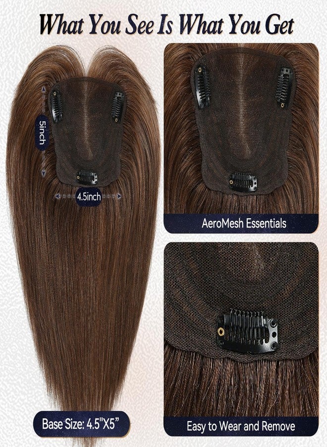starluck 4.5"*5" Swiss Lace Base Hand-Tied Hair Toppers for Women Real Human Hair Topper，14 inch，With Bangs SilkHug Hair Topper for Women with Thinning or Grey Roots (Brown) - Image 3