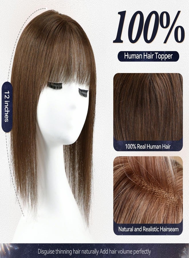starluck 4.5"*5" Swiss Lace Base Hand-Tied Hair Toppers for Women Real Human Hair Topper，14 inch，With Bangs SilkHug Hair Topper for Women with Thinning or Grey Roots (Brown) - Image 2