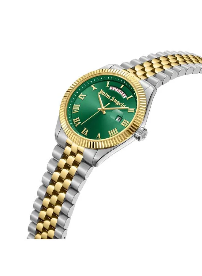 Palm Angels Primo Green Dial Silver Gold Stainless Steel Bracelet Analog Watch for Men, 42mm