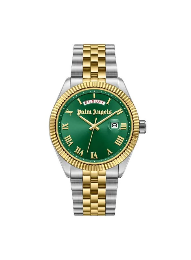 Palm Angels Primo Green Dial Silver Gold Stainless Steel Bracelet Analog Watch for Men, 42mm