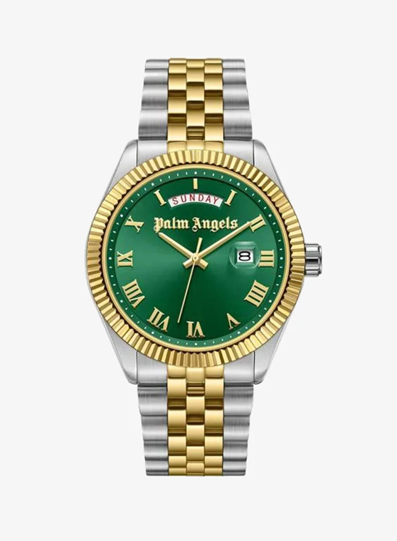 Palm Angels Primo Green Dial Silver Gold Stainless Steel Bracelet Analog Watch for Men, 42mm
