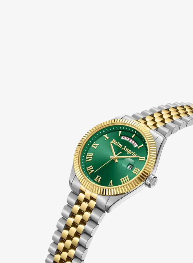 Palm Angels Primo Green Dial Silver Gold Stainless Steel Bracelet Analog Watch for Men, 42mm
