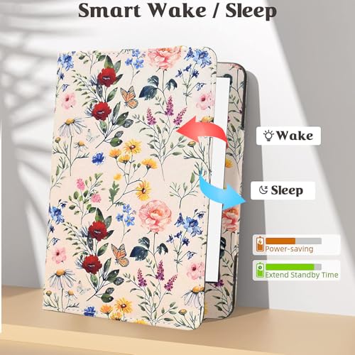 KEROM Case for 6" Kindle Paperwhite (10th/7th/6th/5th Generation, 2012-2018 Release), Premium PU Leather Cute Cover Case with Foldable Stand, Hand Strap, Card Slot, Auto Sleep/Wake, Colorful Blossoms - Image 3
