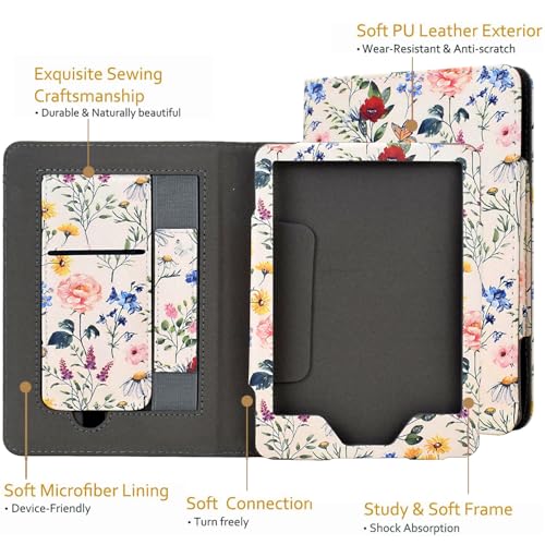 KEROM Case for 6" Kindle Paperwhite (10th/7th/6th/5th Generation, 2012-2018 Release), Premium PU Leather Cute Cover Case with Foldable Stand, Hand Strap, Card Slot, Auto Sleep/Wake, Colorful Blossoms - Image 4