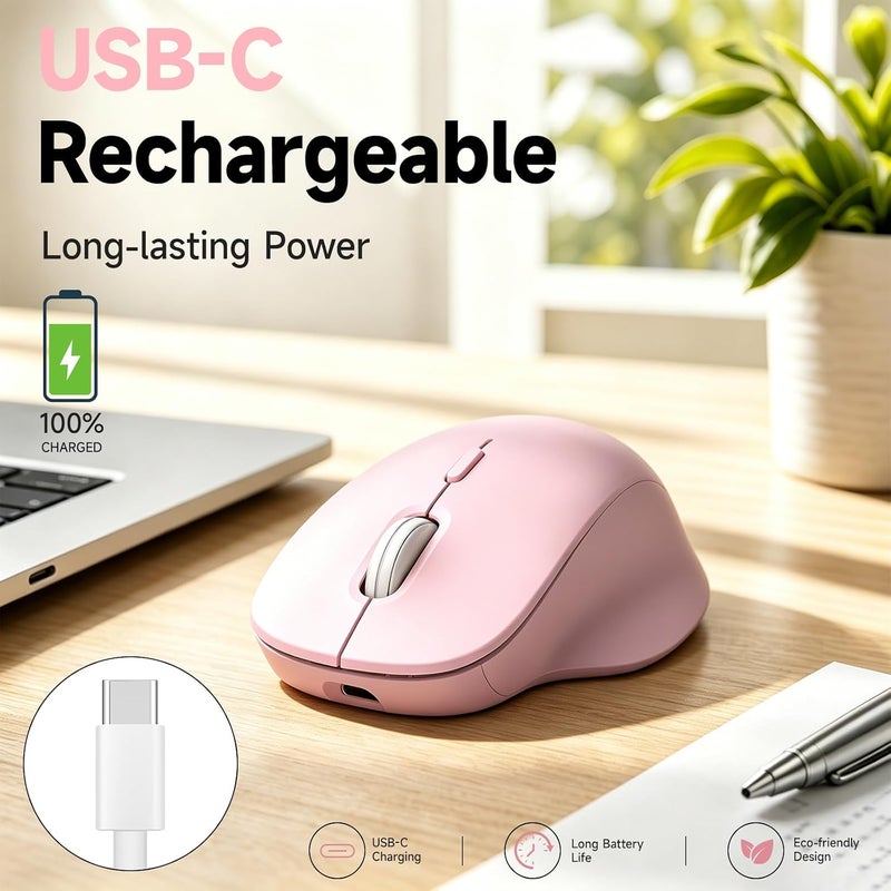 ماوس لاسلكي مزدوج الوضع من ، USB 2.4GHz + بلوتوث، نقرات صامتة، قابل للشحن عبر USB-C، 3 مستويات DPI قابلة للتعديل (800/1200/1600)، تصميم مريح لليد اليمنى لأجهزة الكمبيوتر المحمولة والمكتبية وماك والمكتب والمنزل - وردي - Image 3