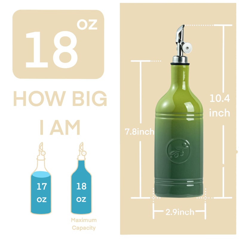 MIKIGEY Olive Oil Dispenser Bottle with Spout, 18 oz Ceramic Oil Dispensers for Kitchen, Opaque Cruet, EVOO & Vinegar Bottle with Automatic Stainless Steel Pourer, Pack of 1, Gradient Green - Image 4