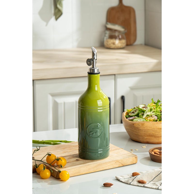 MIKIGEY Olive Oil Dispenser Bottle with Spout, 18 oz Ceramic Oil Dispensers for Kitchen, Opaque Cruet, EVOO & Vinegar Bottle with Automatic Stainless Steel Pourer, Pack of 1, Gradient Green - Image 2