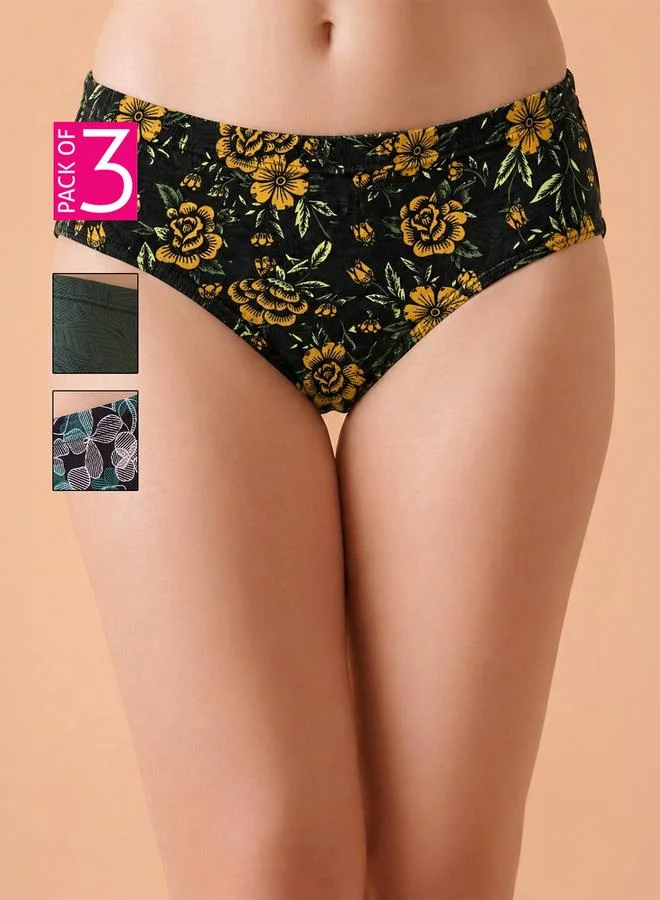 كلوفيا Pack of 3-Mid Waist Printed Hipster Panties with Inner Elastic - 100% Cotton