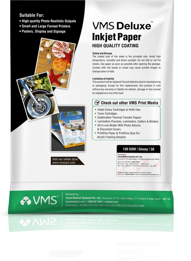VMS Deluxe 130 GSM A4 Glossy Photo Paper – Water Resistant, Pack of 50 sheets, Compatible with all Inkjet Printers - Image 2