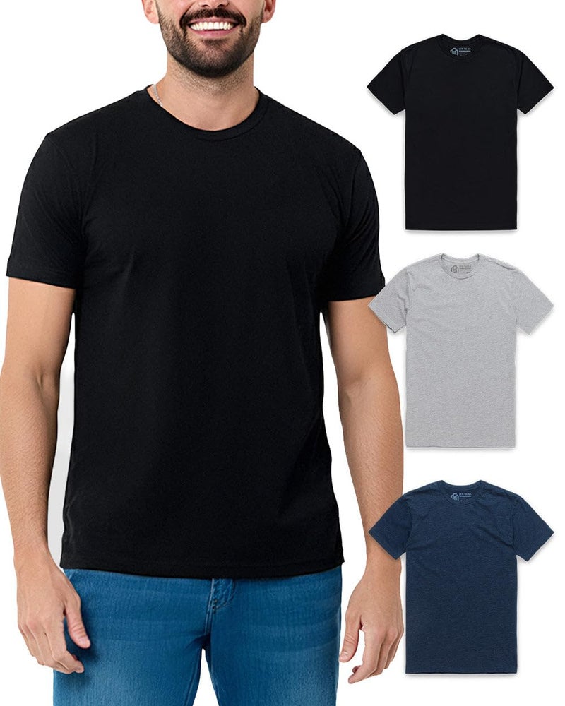 INTO THE AM Men's Plain Tees 3 Pack Multipack - Fitted Crewneck Gym Casual Workout Tshirts Shirts for Men (Black/Grey/Navy, Large) - Image 1