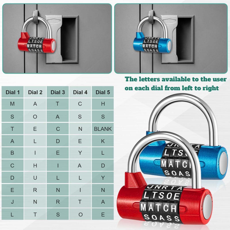 Shimeyao 2 Pcs 5 Letter Combination Lock Metal 5 Digit Lock Heavy Duty Word Gym Locker Keyless Resettable Safety Padlock for School Gym Locker Toolbox Hasp Cabinet(Blue, Red) - Image 4