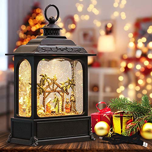 Wondise Christmas Musical Snow Globe Lantern with 6 Hour Timer, 11.2 Inch USB Cord & Battery Operated Spinning Water Glitters Lighted Singing Snow Globe Lantern Christmas (Nativity) - Image 1